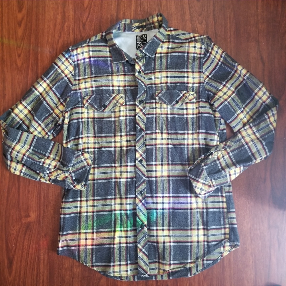 Plaid Flannel Button Down Collar Shirt Grey Yellow
